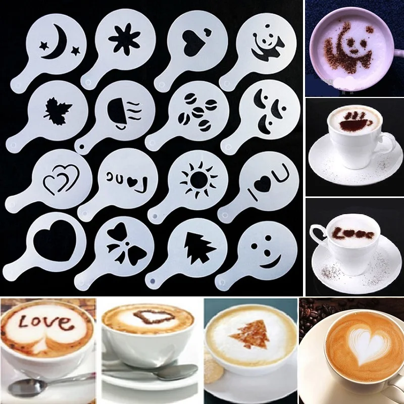 Hifuar 16pcs Plastic Coffee Latte Cuccino Barista Art Stencils Coffee Latte Cuccino Barista