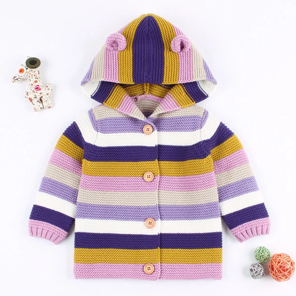 

ARLONEET Autumn and winter knitted warm Coat Baby Boys Girls Striped Sweater Hooded Knitted Tops Warm Coat Clothes L1011