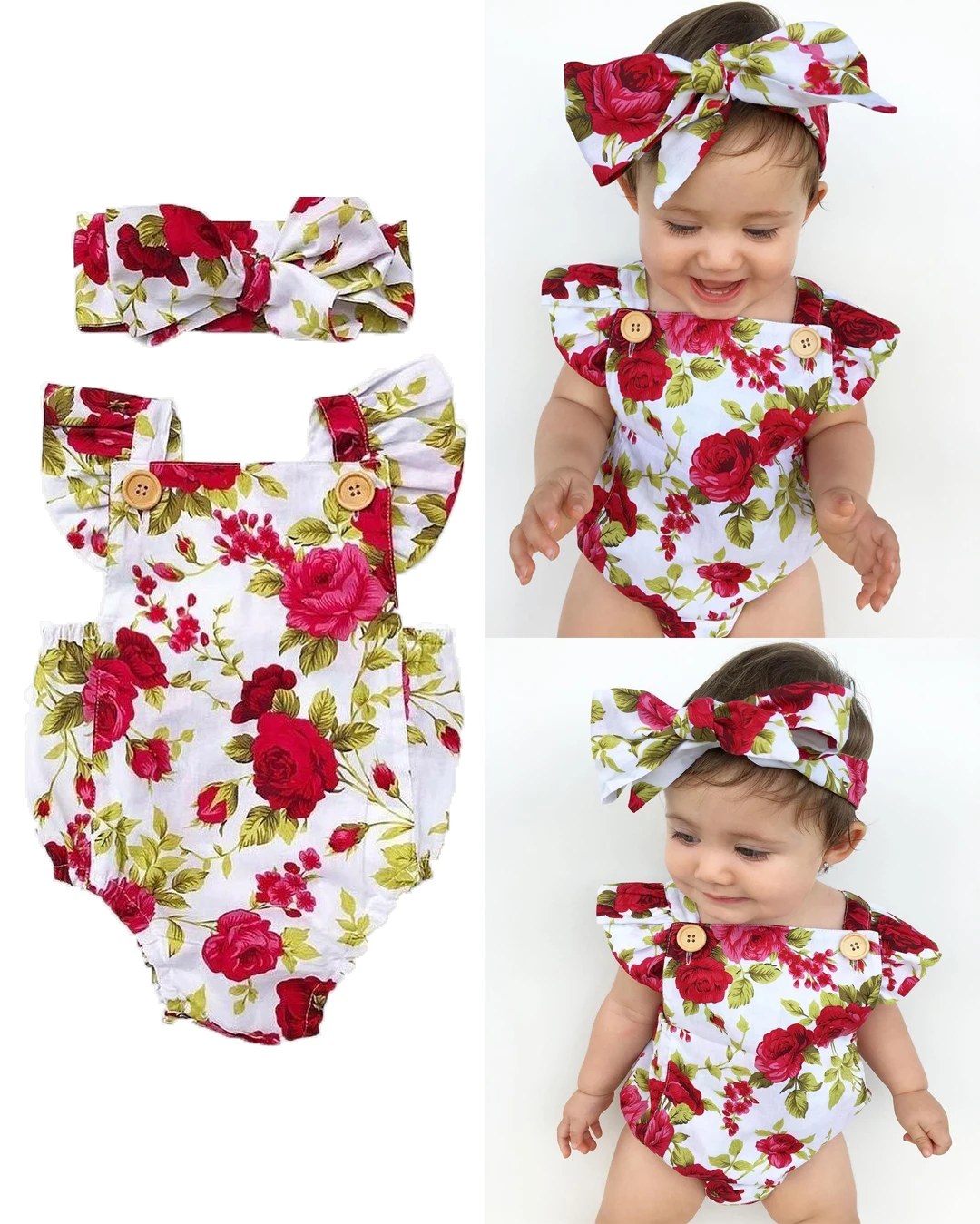 Комплект одежды из 2 предметов для новорожденных девочек: комбинезон с цветочным принтом+ повязка на голову