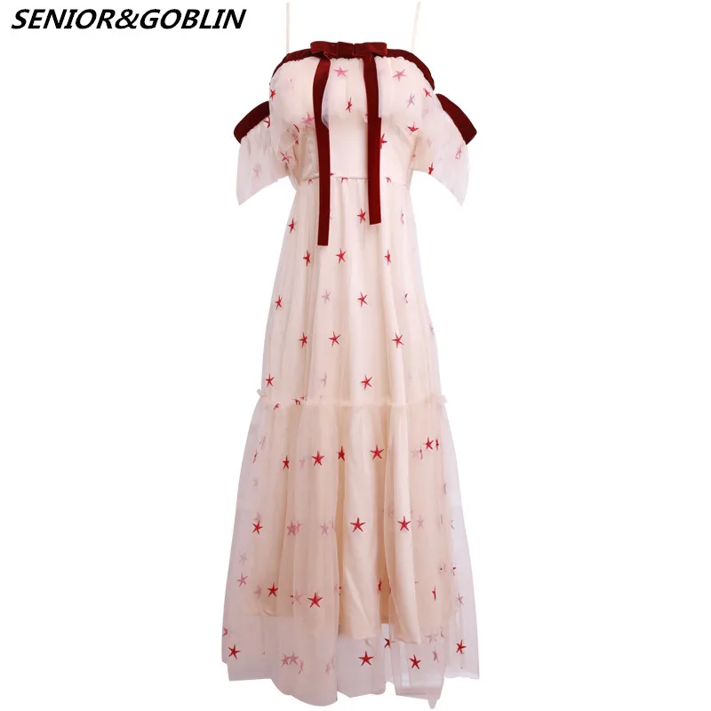 

Summer High Quality Brand Designer Runway Slash Neck Mesh Long Dress Women's Sexy Off Shoulder Star Embroidery Vintage Dress