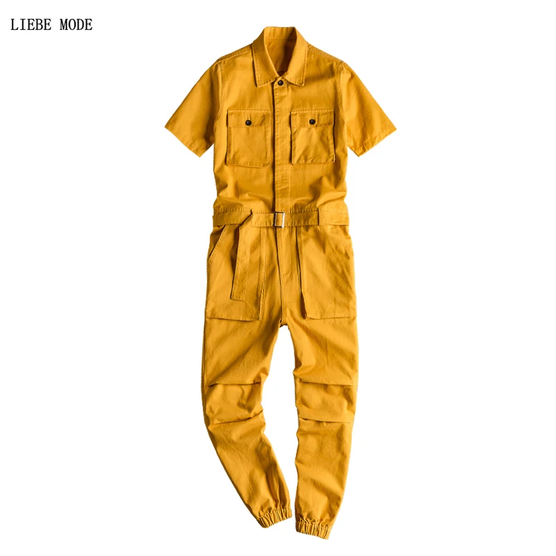 

Hip Hop One Piece Mens Full Length Jumpsuit Short Sleeve Sweatshirt Overalls 2019 Summer Fashion Men Loose Bodysuits Cargo Pants