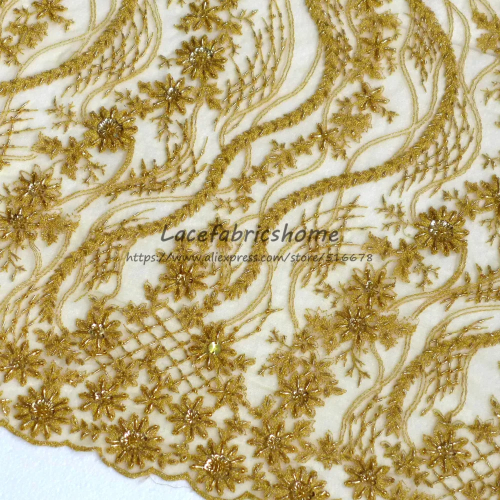 

120cm by yard Free shipping new fashion gold sequins on netting Embroidery evening/stage/show dress lace fabric