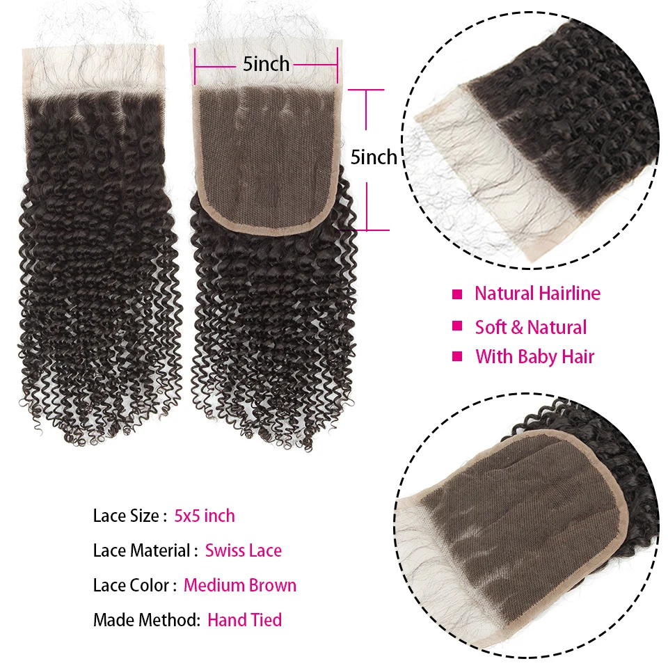 Kopen YVONNE Kinky Krullend 5x5 Vetersluiting 100% Menselijk Haar Sluiting Braziliaanse Virgin Hair Gratis Deel Natuurlijke Kleur
