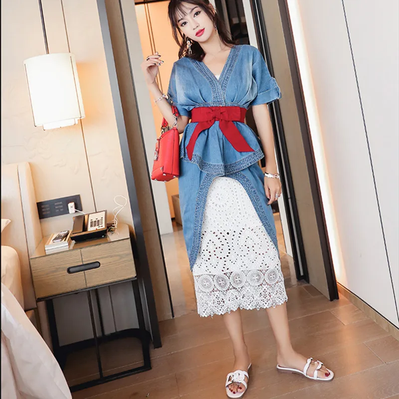 

2019 Runway Design Fashion Split Sashes Ruffle Denim Dress Elegant Women Double V neck Backless Midi Dress