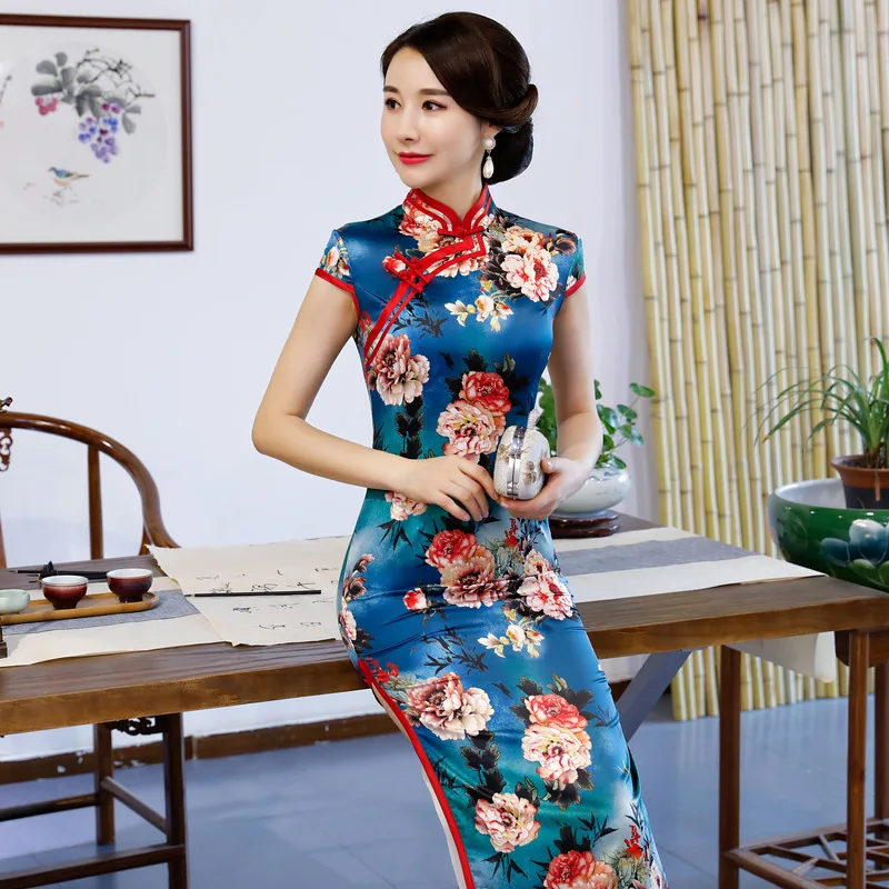 Китайский Стиль китайский женский халат со стоячим воротником, с цветочным принтом пикантные Для женщин высокое вечернее платье осенние бархатные длинные тонкий восточный Qipao M-XXXL