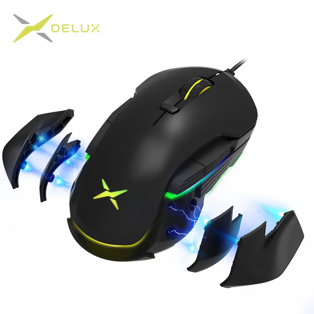 Скидка Delux M627S DIY Проводная игровая мышь с боковыми крыльями, 8 кнопок, 5000 dpi, RGB подсветка, оптическая левая и правая мышь для пользователя ПК