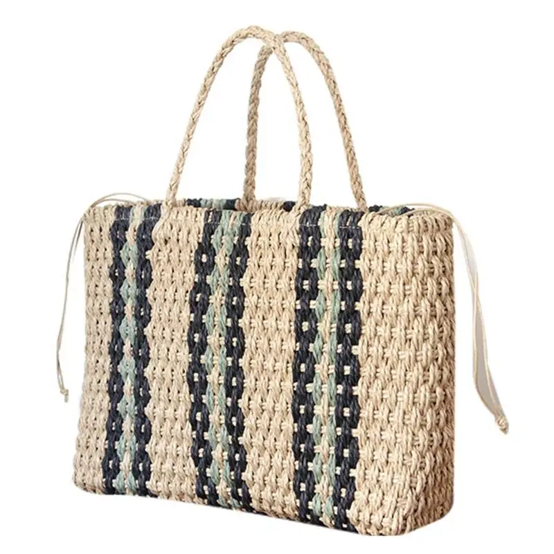 

FashionPortable Square Stripe Straw Bag Fashion Large Capacity Woven Shoulder Bags Single Beach Bag Female Big Handbag