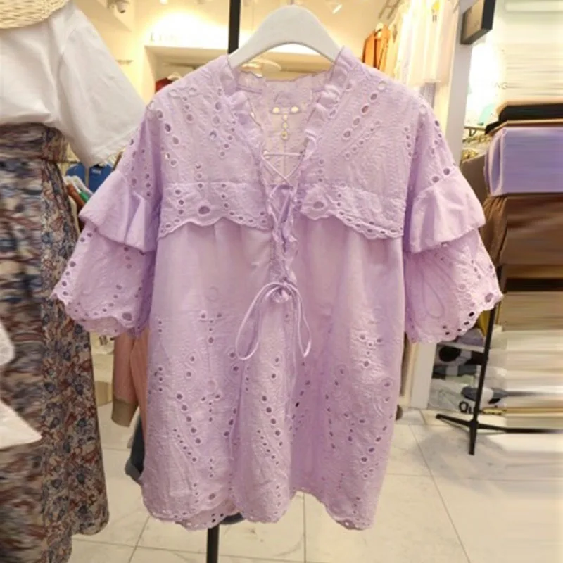 2019 корейские летние открытые кружева фиолетовый Для женщин модная футболка короткий рукав с v-образным вырезом удобные футболки женская