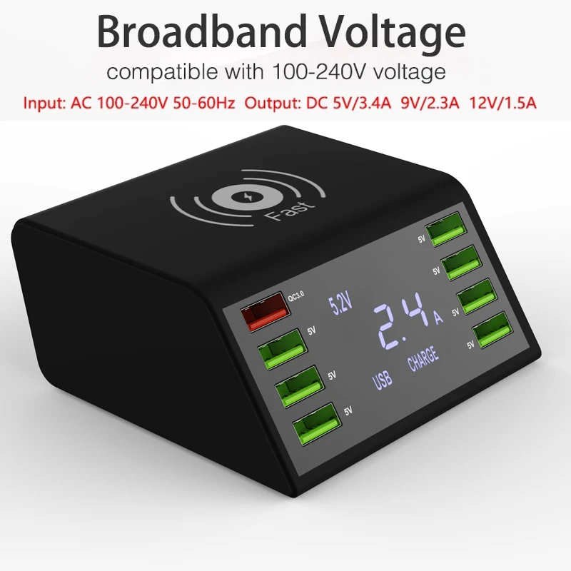 AIXXCO USB Quick Charger 60W 8-Port LED Display