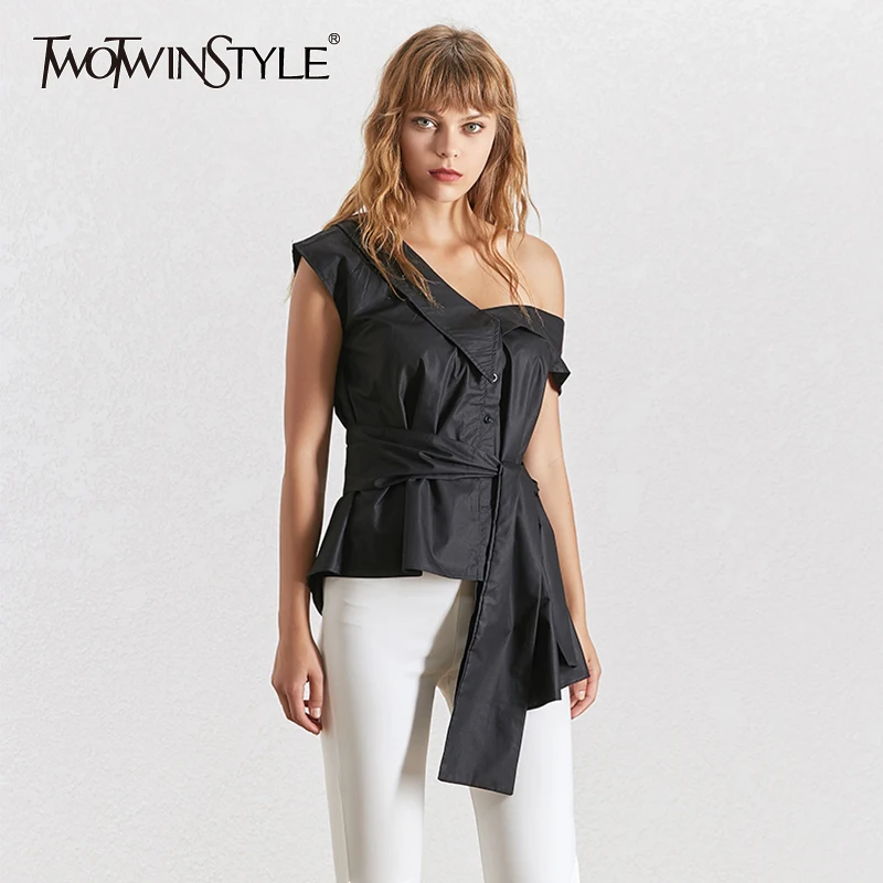 

TWOTWINSTYLE Sexy Off Shoulder Shirt Tops Female Sleeveless Lace up Irregular Shirts Blouse Women Casual Clothes 2019 Summer New