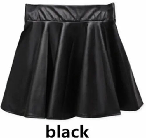 Женские эластичные юбки из искусственной кожи с высокой талией, расклешенная плиссированная мини-юбка, однотонная короткая юбка из искусственной кожи - Цвет: Черный