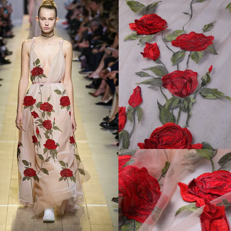 3D rose flowers embroidered lace fabric, women party dress lace fabric