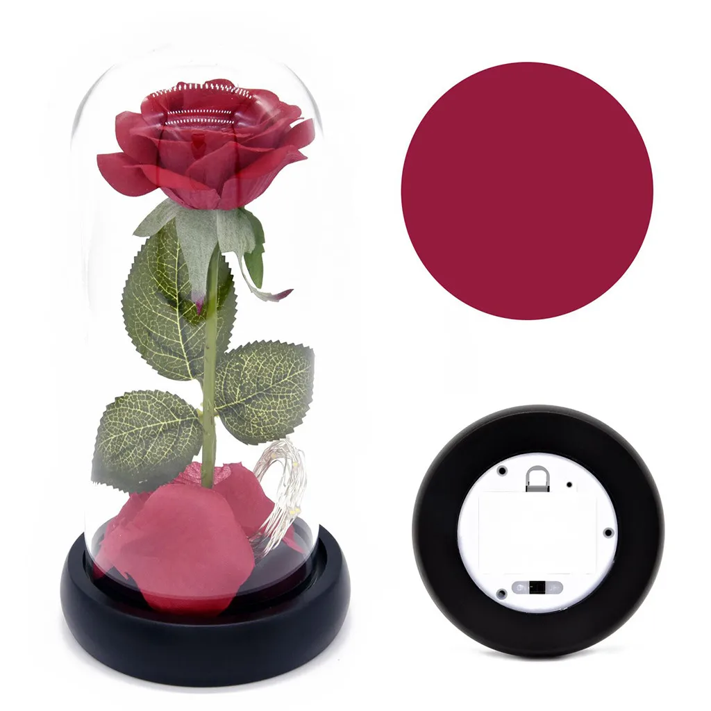 Flower Beauty And The Beast Romantic Simulation Rose Glass Cover Led Micro Landscape Decoration Maison Fleur Artificielle Rose - Цвет: A