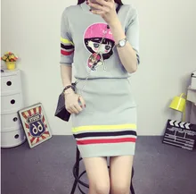 New girl college style knit sweater skirt two sets of female fashion cute pattern design knitted