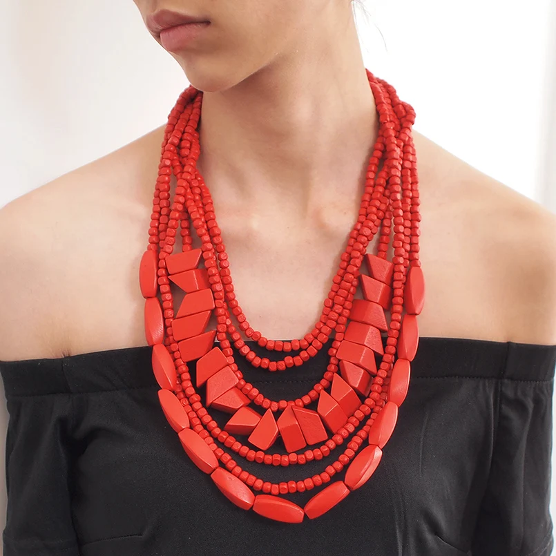 MANILAI Bohemian Multilayer Wood Bead Choker Necklaces For Women Handmade Beaded Statement Necklace Jewelry 8 Colors