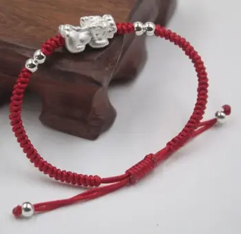 

Solid 925 Sterling Silver Pixiu 4mm Bead Red Cord Knitted Bracelet Adjustable