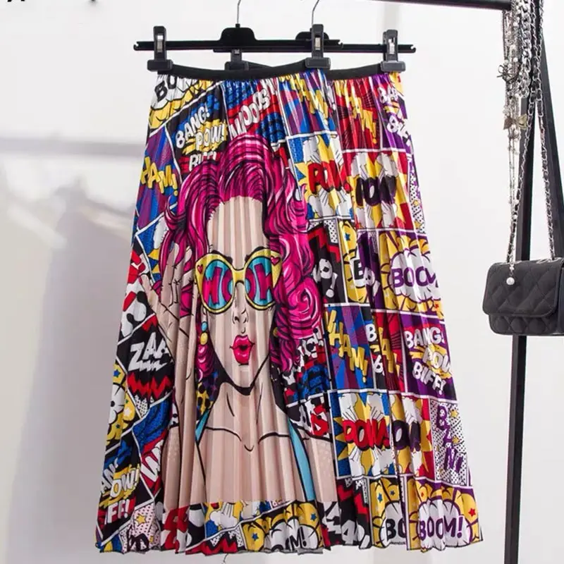 

Lady Fashion Print Pleated Long Skirt High Waist A-Line Elastic Loose Skirt For Women One Size 2019 Summer Casual Female Bottoms