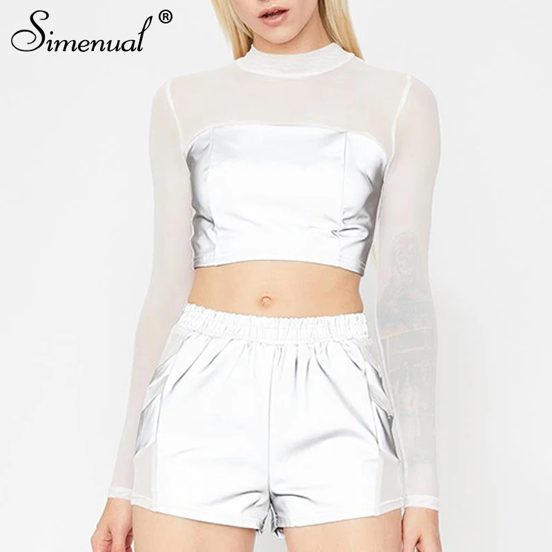 

Simenual Reflective Mesh Patchwork T Shirts Women Long Sleeve Transparent Sexy Party Crop Top 2019 Fashion White Tee Shirt Slim