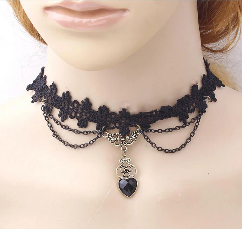 JINGLANG Fashion Lace Rope Chain Chokers Necklace Dangle Black Crystal