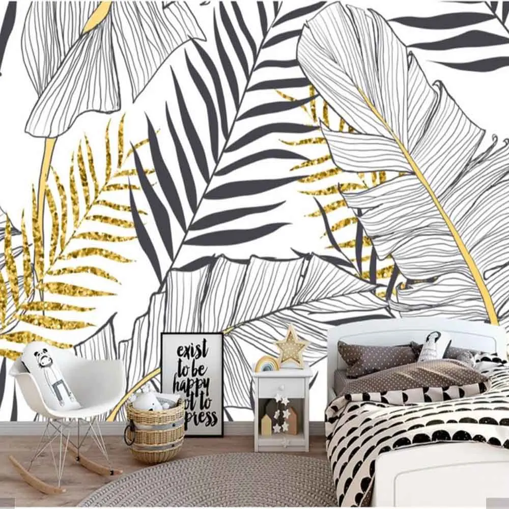 Европейский 3D ручная роспись черный, белый цвет банановые листья фото стена Бумага росписи для диван ТВ фоне стены Бумага рулоны печатных