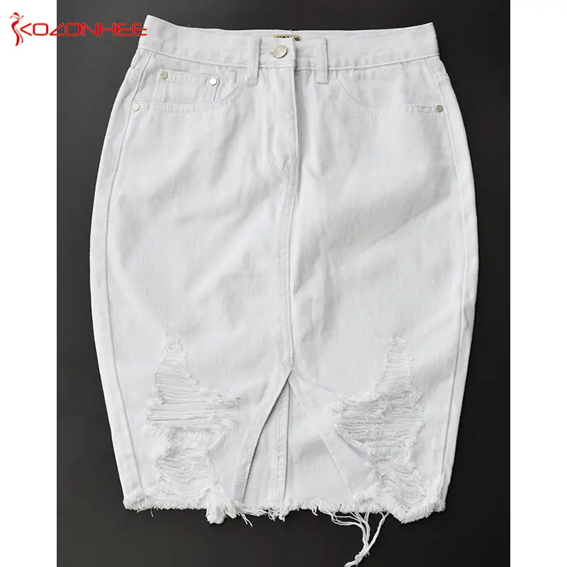 Модная белая джинсовая юбка с дырками, высокая талия, летняя юбка-карандаш длиной до колена, Повседневная Уличная Женская юбка#21