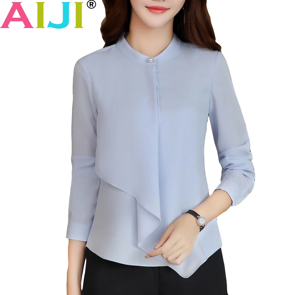 AIJI Summer Elegant Long Sleeve Blouses Women OL Career Collar Chffon Shirts Tops Ladies Office Business