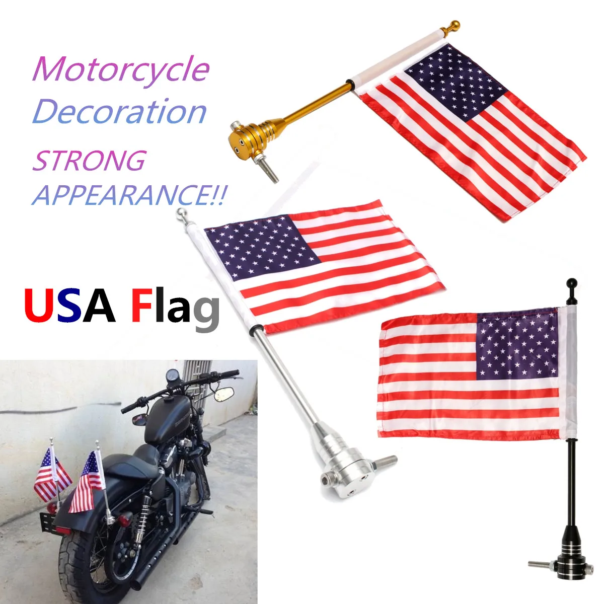 

Motorcycle Bike American USA Flag Decal Sticker Flagpole Luggage Rack Mount For Harley