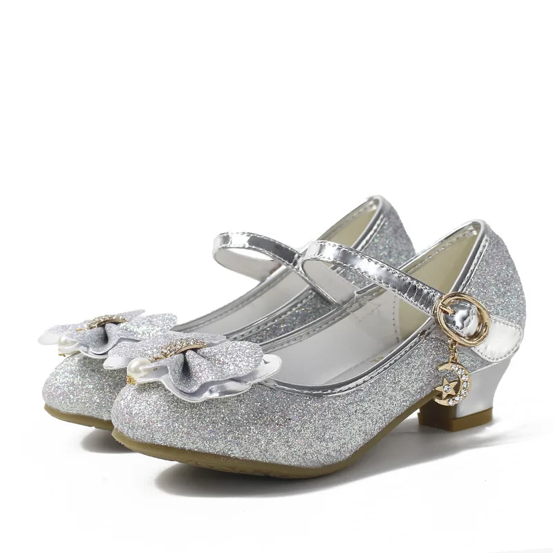Children Spring Glitter Sequins Wing High Heels Flower Girls Dress Shoes US Size