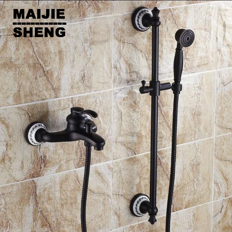 with hand shower black orb shower Bathroom black wall shower mixer set with lifter shower bar bath simple bathtub mixer set