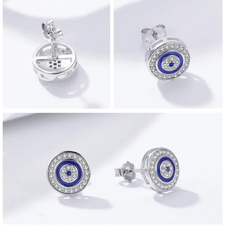 BAMOER Лидер продаж подлинные 925 пробы серебряные круглые серьги-гвоздики с голубыми глазами для женщин модные ювелирные изделия из стерлингового серебра SCE148
