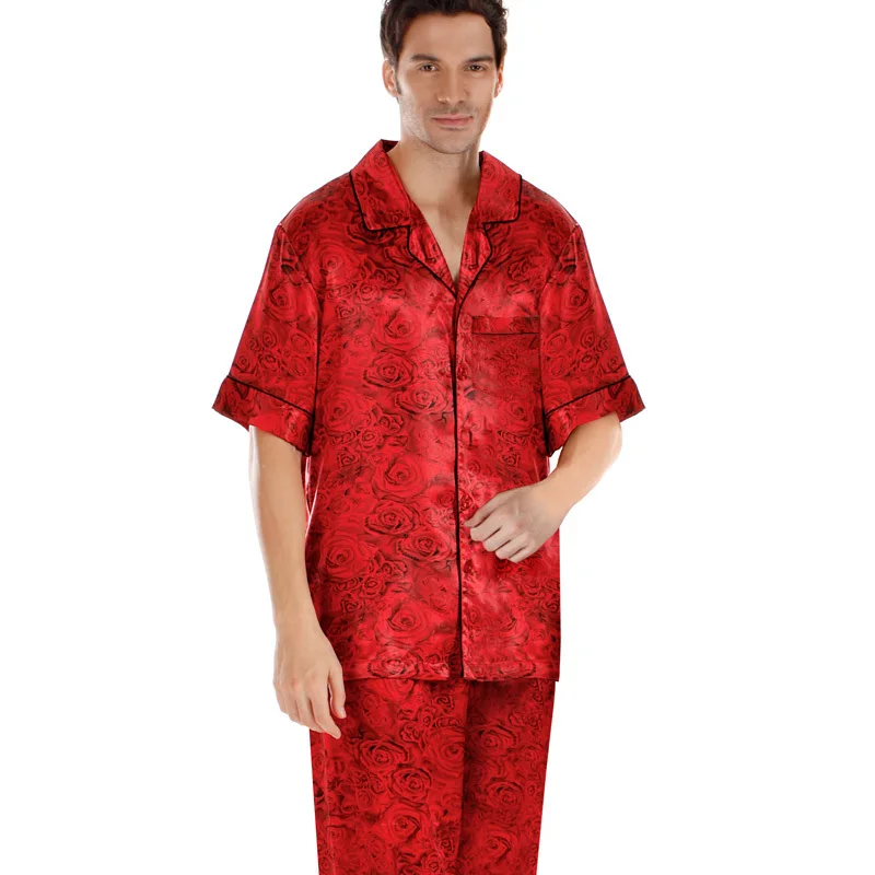 Mens Satin Pajama Sets Short sleeved Romantic Roses Printed Satin