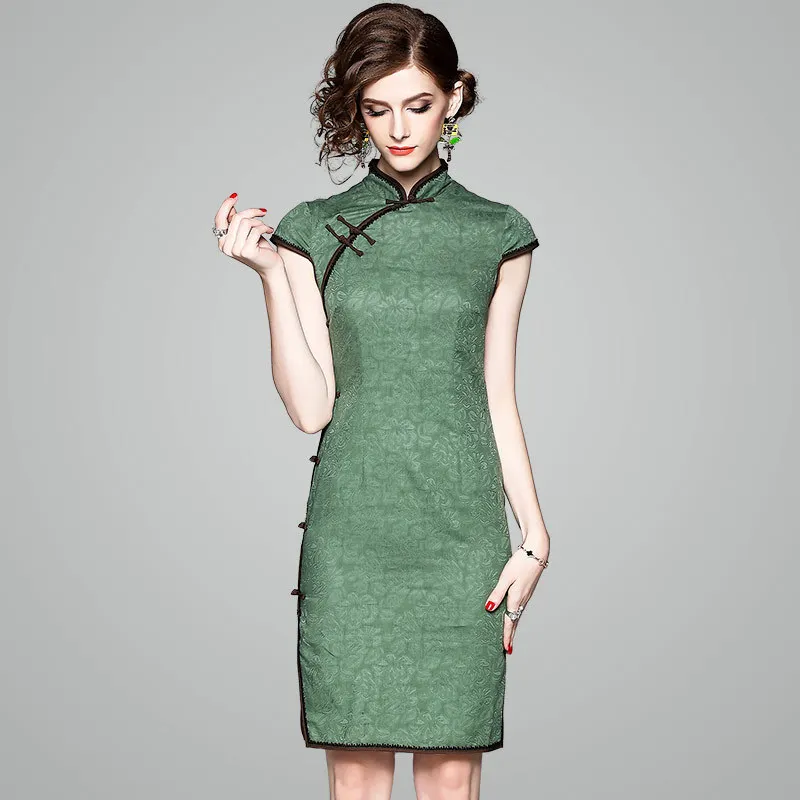 

women summer green dress short sleeve slim stand collar chinese stylish modern Cheongsam dress elegantly quietly top quality