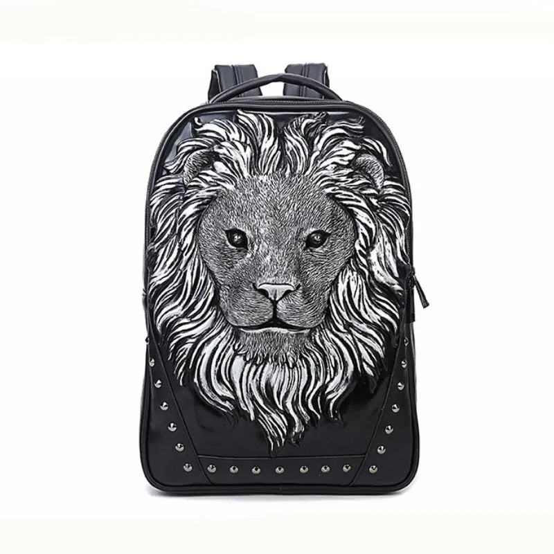 

3D Pu punk backpack male animal lion head backpack cool travel computer bag Head Design PU Good quality