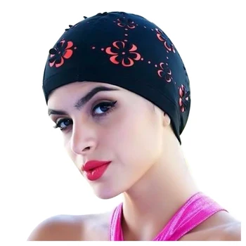 

New Womens Retro Summer Swimming Cap Flower Floral Hollow Bathing Hat Black