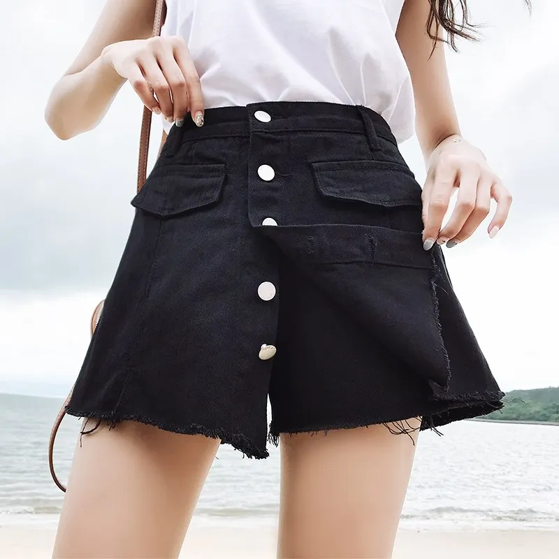 Summer Fashion Button Design High Waist Jean Shorts Skirt Solid Women Casual Frayed Fringe Denim Shorts Femme Short Jeans