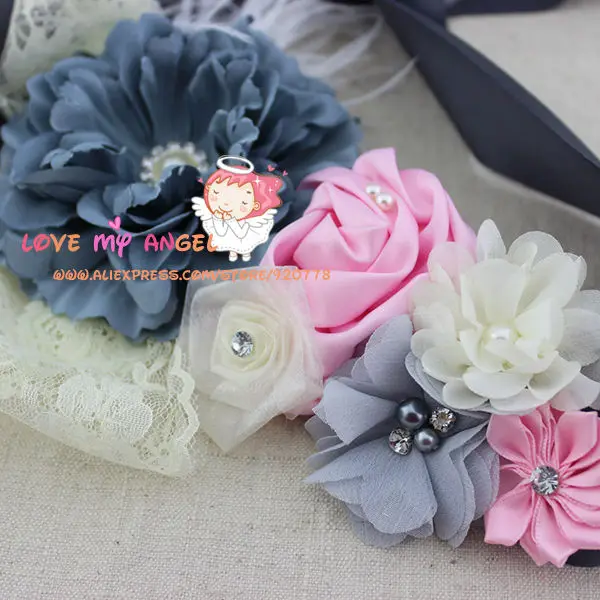 Flower girl sash grey pink ivory flower sash lace Rhinestone and