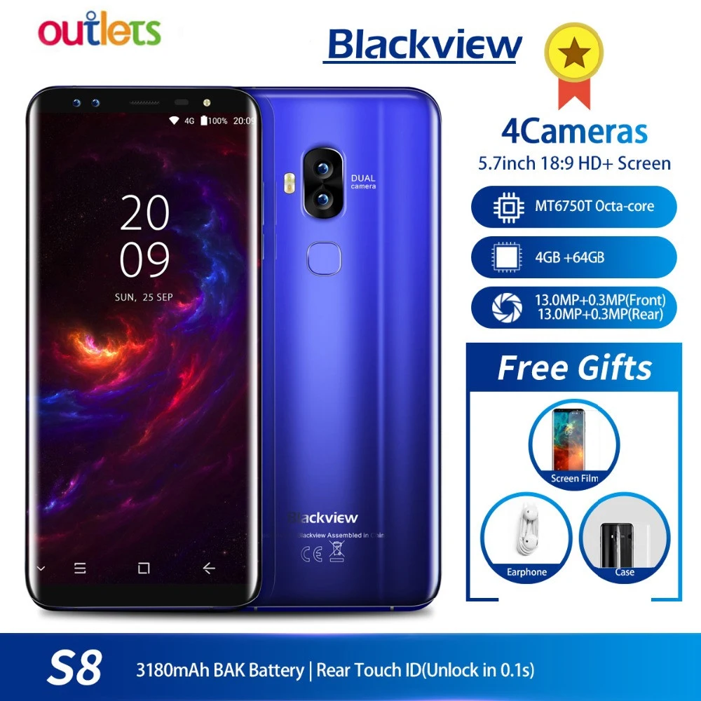 

Blackview S8 4 Cameras Smartphone 5.7"18:9 Aspect Ratio Infinity Screen 4GB+64GB MTK6750T Octa Core Fingerprint 4G Mobile Phone