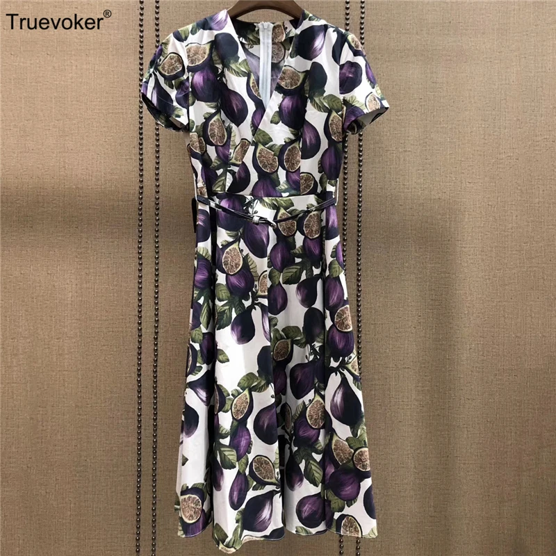 

Truevoker Summer Designer Mid Calf Length Cotton Dress Women's High Quality Colourful Fruit Printed Cotton Belted Midi Vestidoes