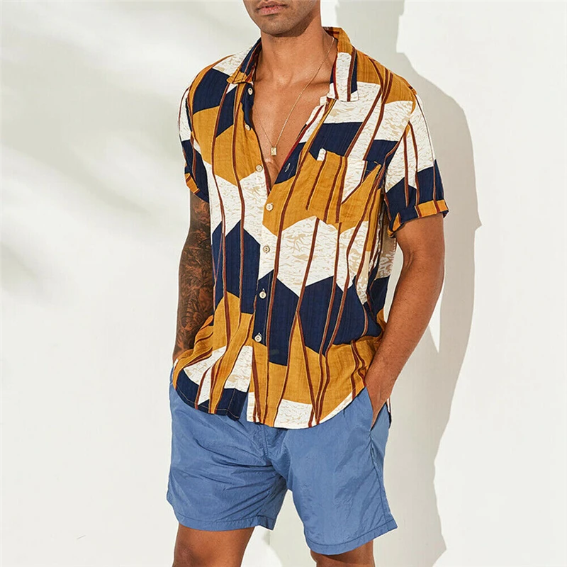 Новые мужские летние полосатые рубашки Повседневный свободный с принтом Гавайские рубашки мужские модные рубашки с коротким рукавом