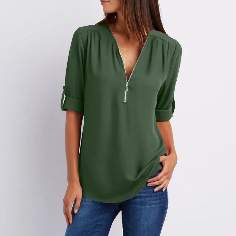 hot-sale-2018-Women-Chiffon-Blouse-Blusas-Tops-Large-Size-Roll-Up-Sleeve-SEXY-v-neck (5)