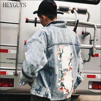 

NAGRI Mens Flower Embroidery Denim Jacket Fashion Men Bomber Baseball Jackets Men's Jean Jacket Chaqueta Hombre US Size M-XXL
