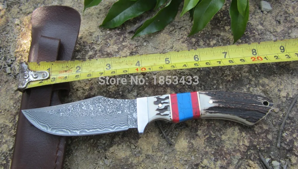 

Damascus fixed blade hunting knife Deer horn Double color handle tactical Straight knife with sheath