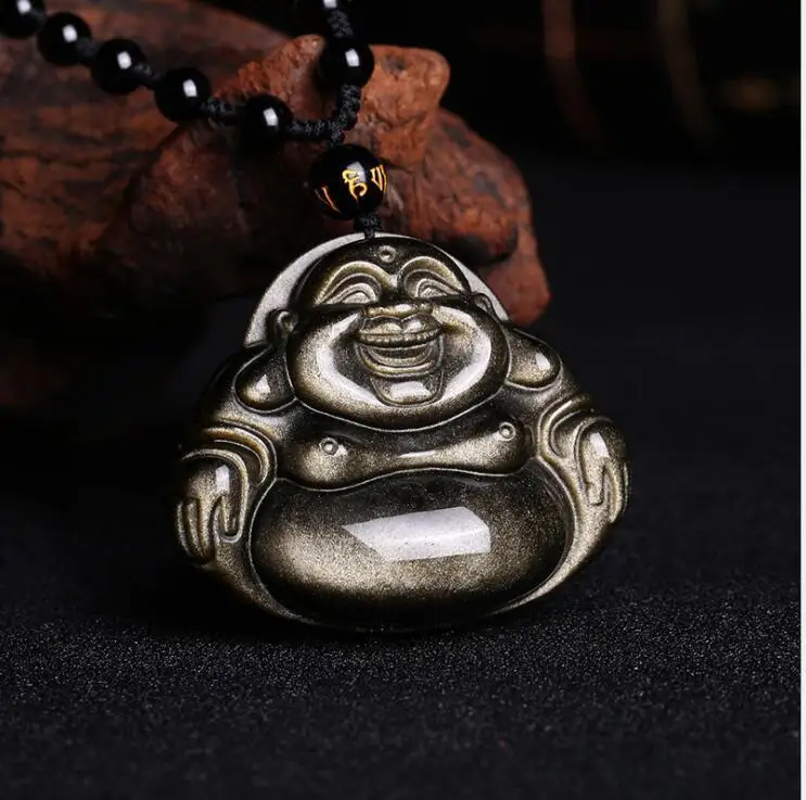 

Koraba Fine Jewelry Chinese Natural Gold Obsidian Hand-Carved Blessing Maitreya Buddha Pendant Free Shipping