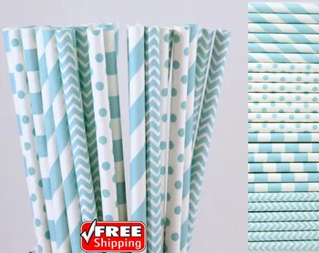 

200pcs Mixed 4 Designs Light Blue Themed Paper Straws-Swiss Dot,Striped,Chevron Boy Baby Shower Birthday Gender Reveal Party