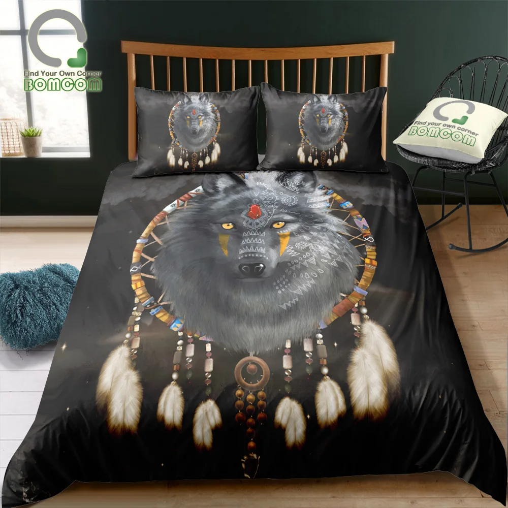 

BOMCOM 3D Digital Printing Bedding Set Black Tattoo Wolf Dreamcatcher Tribe Feather 3-Pieces Duvet Cover Sets 100% Microfiber