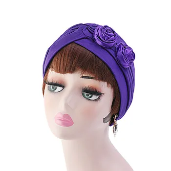 

2019 Muslim Two Flowers Stretch Turban Ruffle Hair Hats Beanie Bandanas Scarf Head Wrap Headwear for Women 19