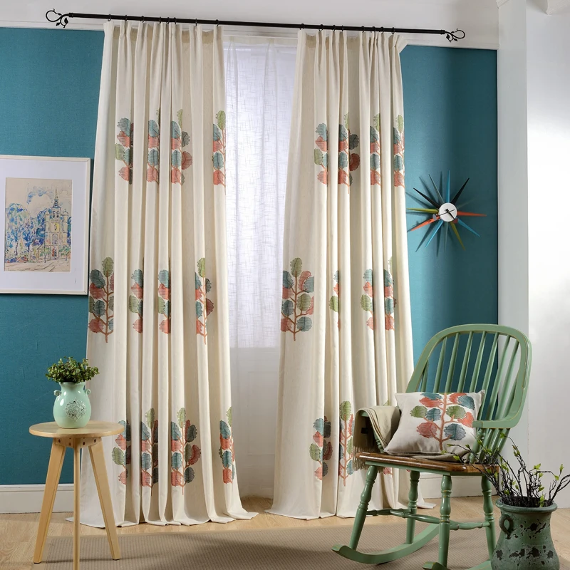 

Living Room Embroidered Curtains Wishing Tree Faux Linen Curtains for the Bedroom Windows Drapes Fabric