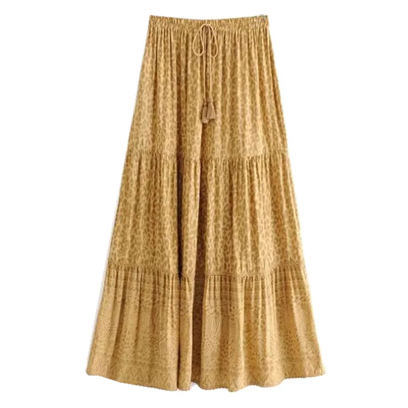 2019 Bohemian Yellow Leopard Print Long Skirt Women Stitching pleated Lacing up Stream Elastic Waist Swing Skirts