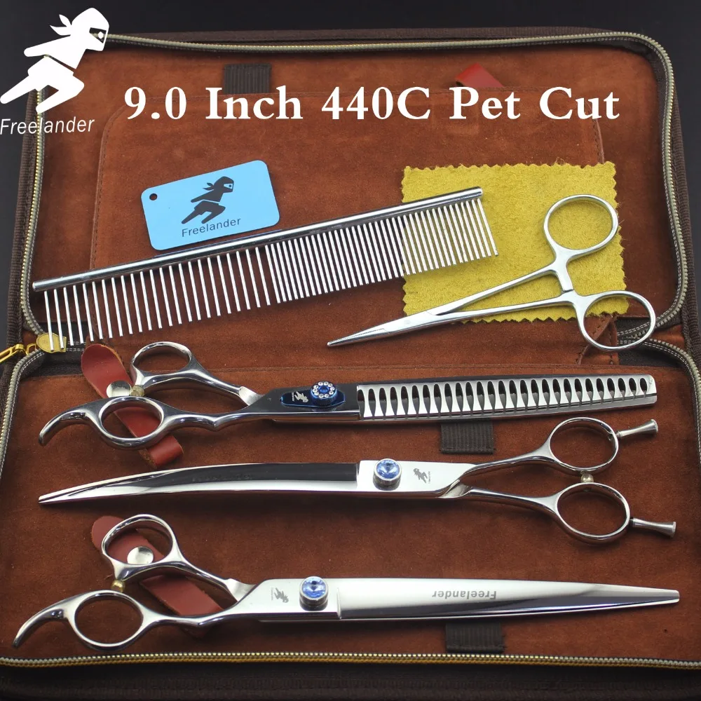 

9 inch "440C Professional pet grooming kit, direct and thinning scissors and curved pieces 4 pieces. bright scissors set