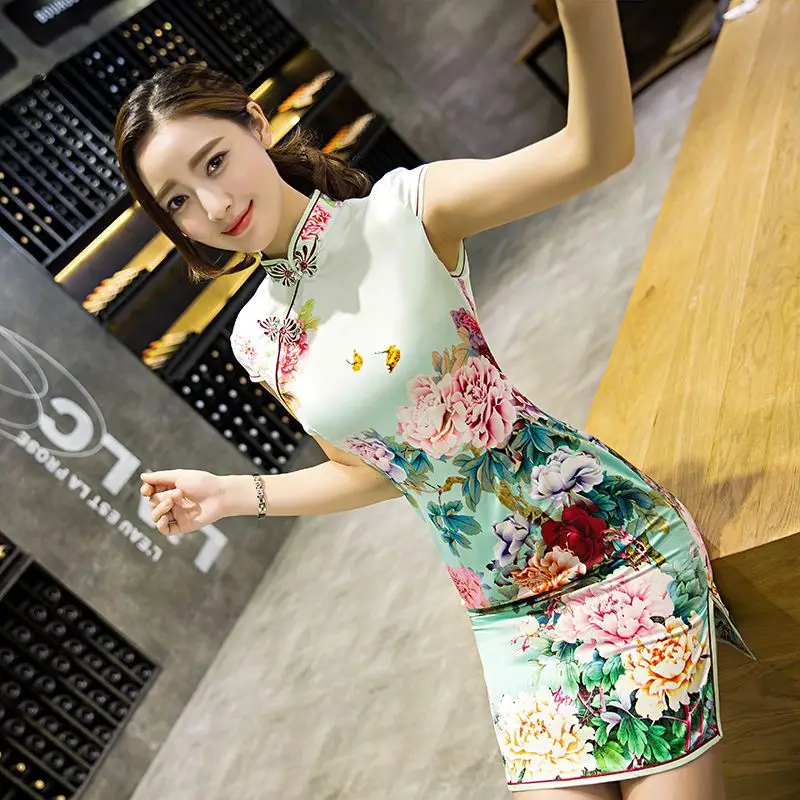 

Traditional Cheap Silk Chinese Style Beautiful Cheongsam Mini Girl Modern Qipao Summer Oriental Dress Robe Chinoise Sexy Qi Pao